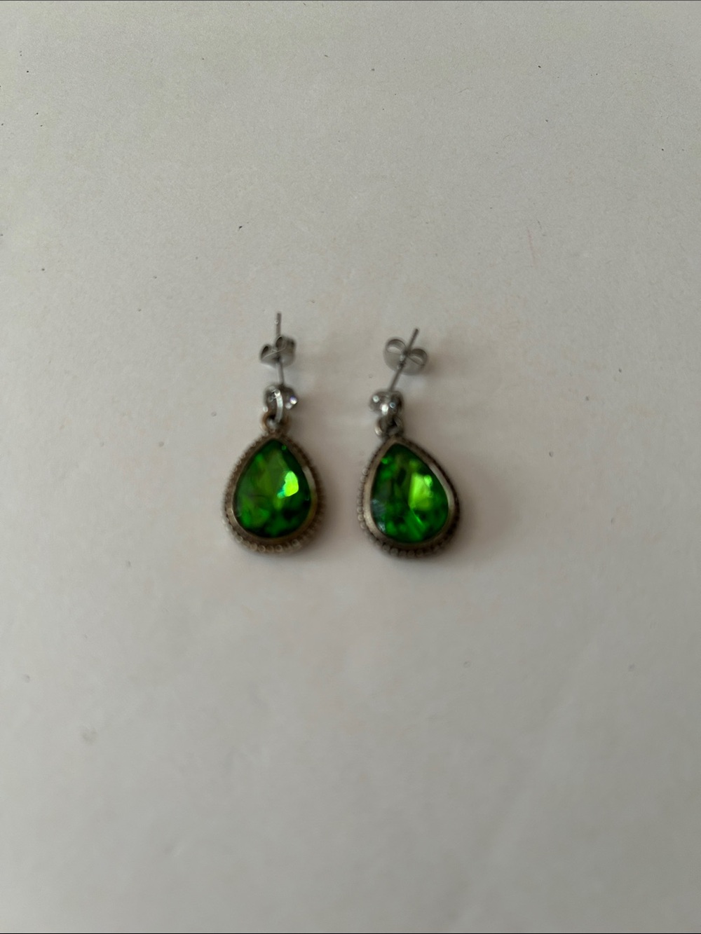 Silver tone Drop Earrings with Emerald Green Teardrop Stones